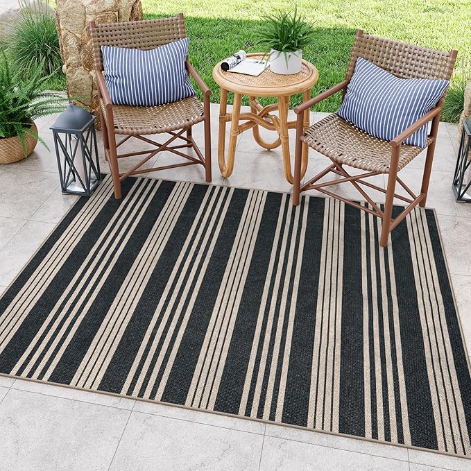 Lahome Elance Striped Easy Jute Outdoor Patio Rug, Washable 5x7 Area Rugs for Living Room Office Indoor Outdoor Carpet, Farmhouse Non Shedding Stain Resistance Carpet for Dining Room Backyard Deck