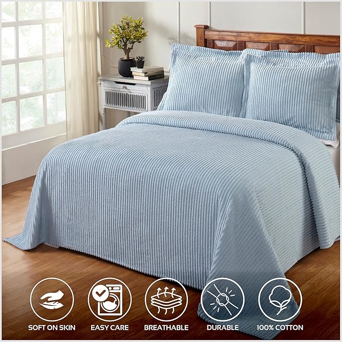 Better Trends Chenille Bedspreads Queen Size, Blue 100% Cotton Chenille Stripe Design Tufted Bedding Coverlet Soft Lightweight, 102"x110" 1 Pieces Jullian Collection