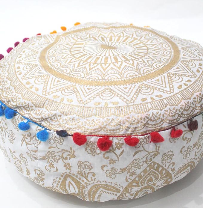 ICC Floor Pillows & Cushion covers Decorative Hippie Mandala Pouf Pillow covers Seating Meditation Cushion Cover Large Boho Ottoman Case Pillowcase Couch White Gold Matellic 16" Round