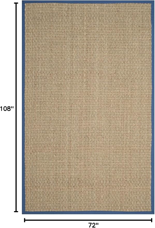 SAFAVIEH Area Rug 6x9 - Natural Fiber Collection - Natural & Navy, Seagrass, Basketweave Pattern with Border (NF114T)