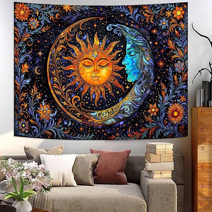 Spenlife Celestial Sun and Moon Tapestry Cosmic Tapestry for Bedroom Astral Tapestries Wall Hanging Bedroom Living Room Wall Art and Home Decor 44x60 Blue