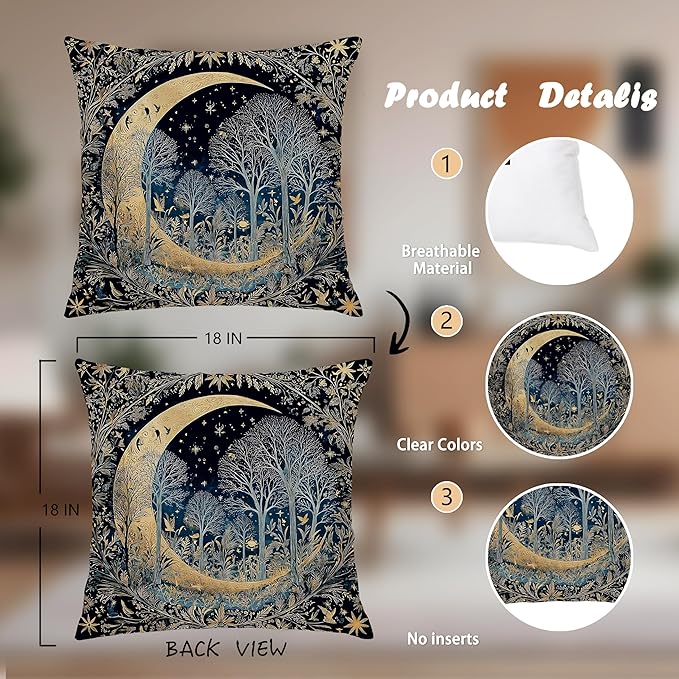 Dark Vintage William Morris Night Moon Forest Decor Pillow Covers 18x18,Black Forest Decor,Dark Dcademia Floral Decorative Throw Pillow Covers for Home Bedroom Living Room