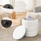 Round Ottoman with Storage Set of 2, Soft Teddy Velvet Upholstered Foot Stool Vanity Chairs, Support 330lbs Padded Seat Multifunctional Ottomans Footrest, Foot Rest for Living Room, White