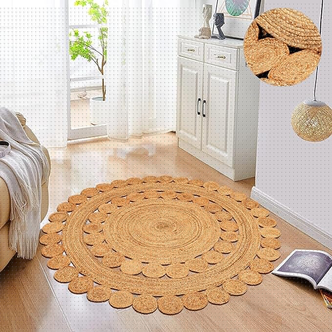 Hand Woven Braided Jute Rug - 5' Round - Reversible Farmhouse Dining Room Rug, Living Room, Bedroom, Kitchen - Natural Decorative Floor Boho Entry Area Rugs - 5ft Round Rug