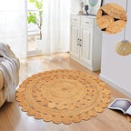 Hand Woven Braided Jute Rug - 5' Round - Reversible Farmhouse Dining Room Rug, Living Room, Bedroom, Kitchen - Natural Decorative Floor Boho Entry Area Rugs - 5ft Round Rug