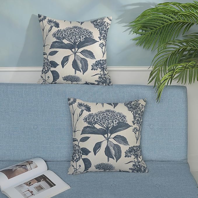 Blue Pillow Covers 18x18 Set of 2 Vintage Boho Floral Hydrangea Herbs Botanical Throw Pillow Cover Outdoor Flower Decoration Pillowcase Linen Farmhouse Cushion Case Decorative for Couch Sofa