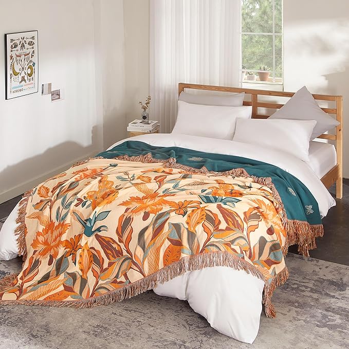 Boho Throw Blanket for Bed 50”x60”, 100% Cotton Woven Blanket for Couch Sofa, Ultra Soft 4-Layer Muslin Quilt with Floral Printed, Farmhouse Bed Blanket/Cover for Living Room Decor