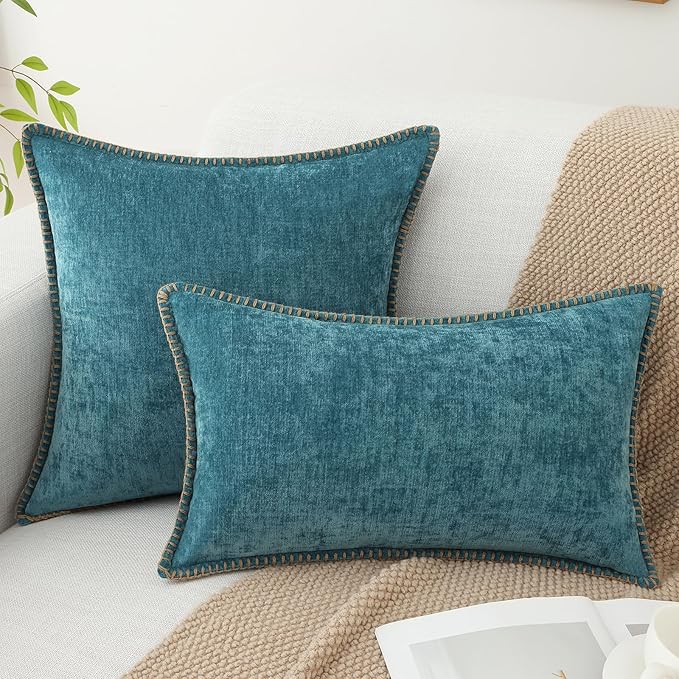 decorUhome Summer Chenille Soft Cozy Throw Pillow Covers 20x20 Set of 2, Modern Farmhouse Boho Velvet Decorative Pillow Cases with Stitched Edge for Couch Sofa Bed Home Decor, Teal