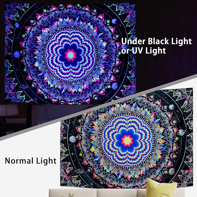 Amonercvita Blacklight Tapestry Trippy Mandala Tapestries UV Reactive Galaxy Stars Tapestry Psychedelic Neon Tapestries Wall Hanging Hippie Black Light Poster for Bedroom