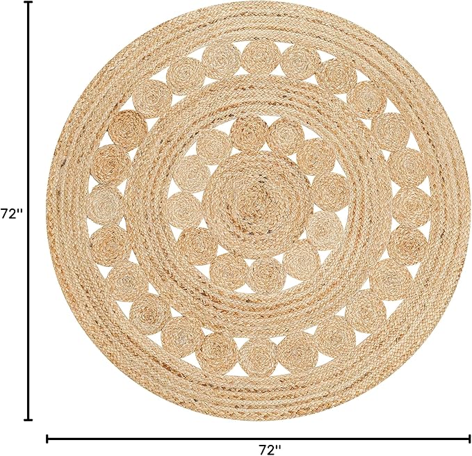 Hand Woven Jute Area Rug - 6' Round - Rustic Beige Reversible Farmhouse Rugs for Bedroom, Kitchen, Living Room - Vintage Natural Braided Entry Floor Décor Circle Boho Round Jute Rug 6 Foot