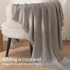 Exclusivo Mezcla Twin Size Knit Blanket with Fringes for Bed, Reversible Super Soft and Warm Woven Boho Throw for All Season, Home Decor, 60"x80", Taupe