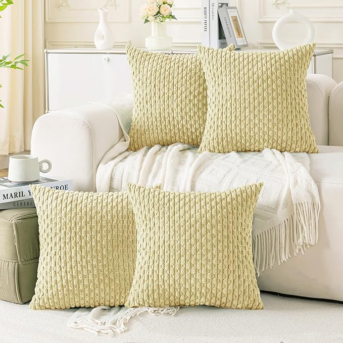 Set of 4 Pale Yellow Decorative Throw Pillow Covers 24x24 Inch Corduroy Pillow Covers for Bed Couch Sofa Living Room Soft Square Cushion Cases