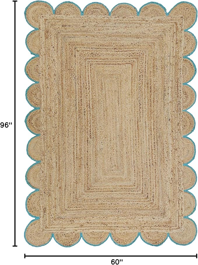 Scalloped Natural Jute Area Rug, Teal Trim, 5'x8'