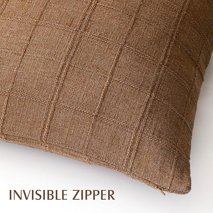 Foindtower Set of 2 Decorative Linen Check Throw Pillow Covers Neutral Farmhouse Vintage Cushion Covers Modern Boho Home Decor for Sofa Chair Couch Bedroom Living Room,26×26 Inch,Brown Hazel