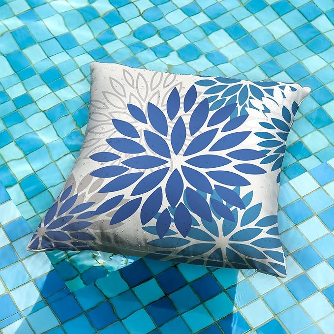 DFXSZ Blue Flower Pillow Covers 20x20 Inch Set of 2 Dark and Light Blue Colored Pillow Farmhouse Outdoor Waterproof Decor for Patio Funiture Garden Summer Floral Square Polyester Pillow Covers 002E20