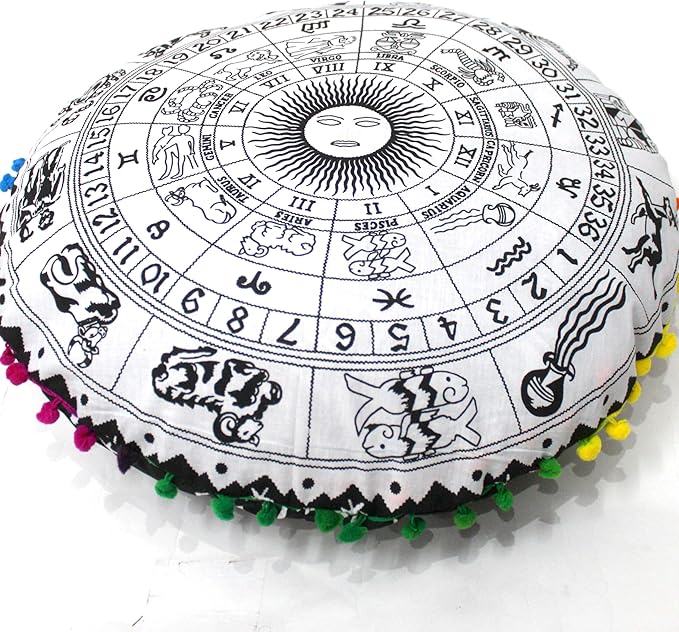 CRAFT KALA Large Round Bohemian Floor Pillow Pouf Cover Mandala Meditation Room Pillow Cover for Adults Boho Seating Poufs Cushion Cover for Kids Playroom 32" Round Black Zodiac