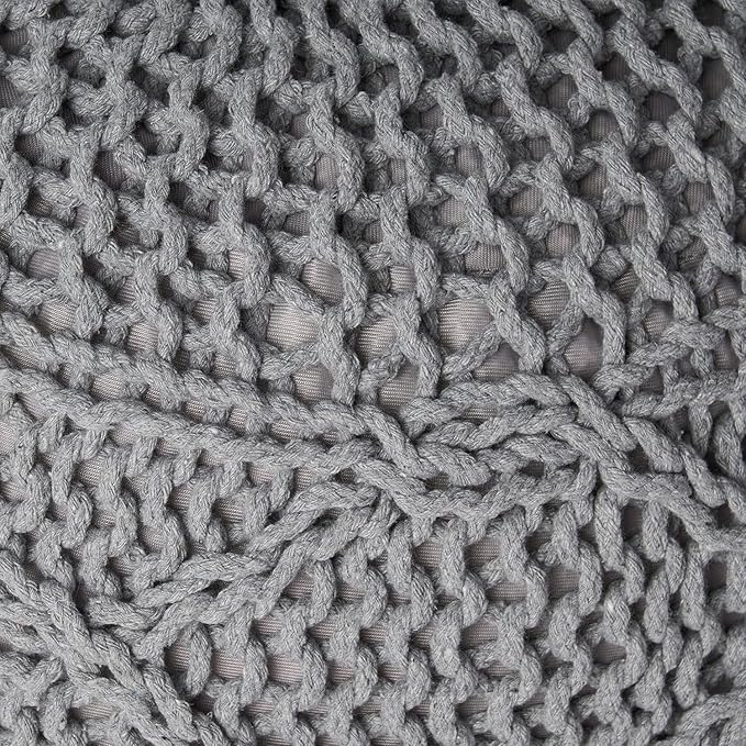 Knitted Cotton Round Pouf - 20x20, Modern Design, Soft Cotton, No Assembly, Porch Ottoman for Living Room, Gray, Ivory (Pouf - Gray)