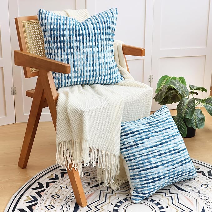 Boho Decorative Throw Pillow Covers 18x18 Inch, Chenille Tufted Pillow Cover Striped Textured Square Farmhouse Accent Pillowcase for Couch Sofa Bedroom Living Room, Blue White Stripe, 1 Pack