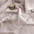 FOSSA Muslin Blanket with Fringe - 4-Layer 100% Cotton Gauze Super Soft & Breathable Throw -Lightweight Decorative Cooling Blanket for Bed, Sofa, Office (Greyish Pink, Queen (90" × 90"))