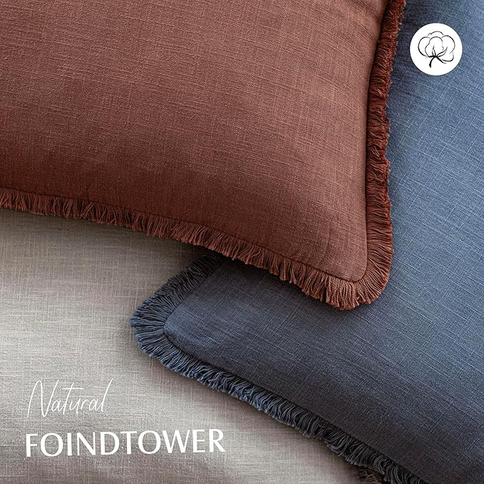 Foindtower Set of 2 Decorative Linen Fringe Throw Pillow Covers Cozy Boho Farmhouse Cushion Cover with Tassels Soft Accent Pillowcase for Couch Sofa Bed Living Room Home Decor,26×26 Inch,Rust Red