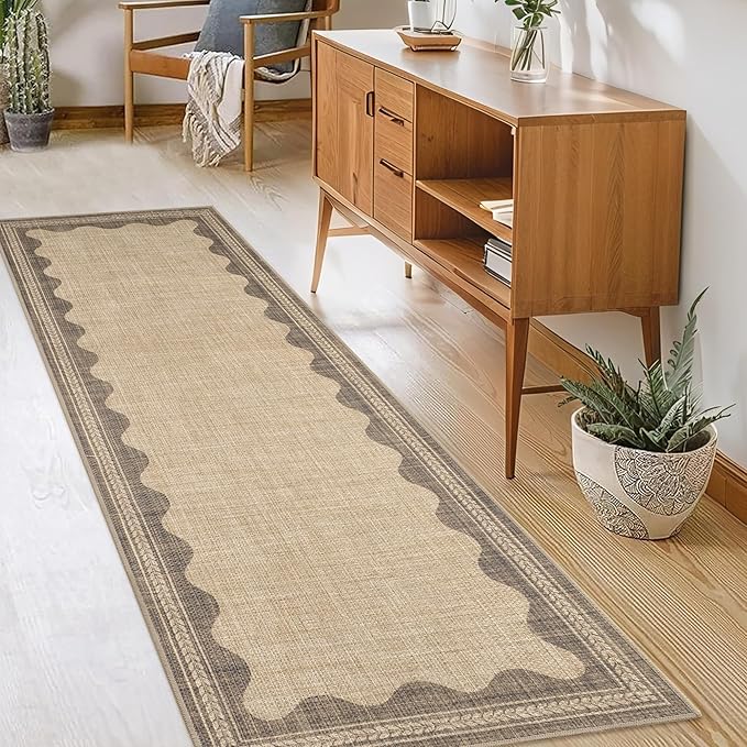 Scalloped Easy Jute Runner Rug,2x6 Kitchen Runner Rugs for Hallway Non Slip Washable Indoor Outdoor Carpet for Laundry Room Bedroom Entry 6ft