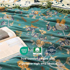 Boho 100% Cotton Large Throw Blanket King - All Season Rustic Ultra Soft Breathable Floral Bird Blanket for Bed Sofa Couch Chair Bedspread Quilt Gift, 91" x 108"-Teal/Beige