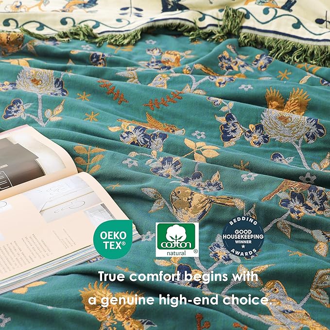 Boho 100% Organic Cotton Muslin Throw Blanket 50" x 60" - All Season Rustic Ultra Soft Breathable Floral Bird Blanket for Bed Sofa Couch Chair Bedspread Quilt Gift-Teal/Beige