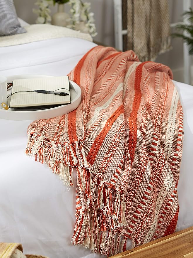 DII Braided Striped Decorative Throw Blanket, 50x60, Vintage Orange/Red
