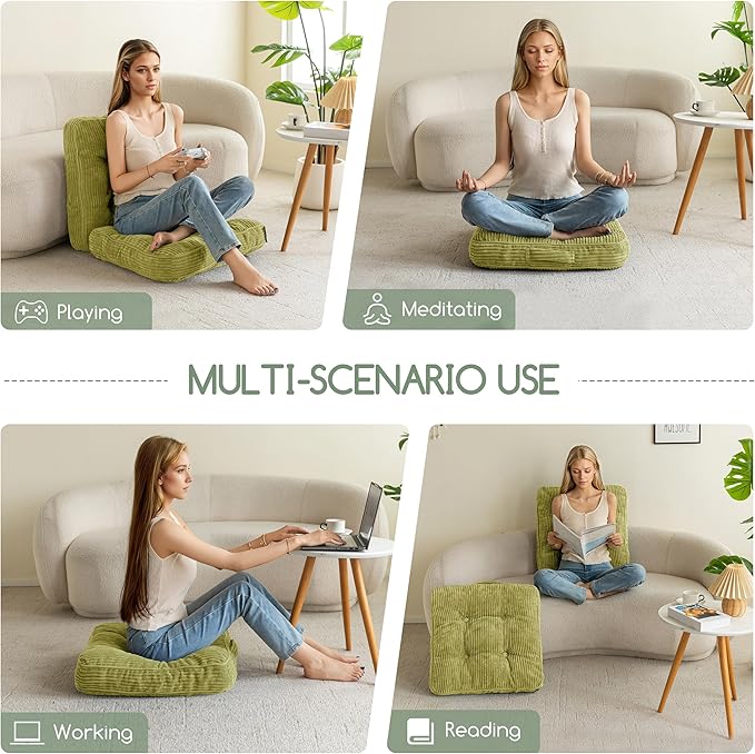 HIGOGOGO Floor Pillow Cushion for Adults, Meditation Cushion Pillow, Large Square Floor Sitting, Tufted Corduroy Cover, for Tatami Living Room or Yoga, 22x22 Inch, 2Pack, Green