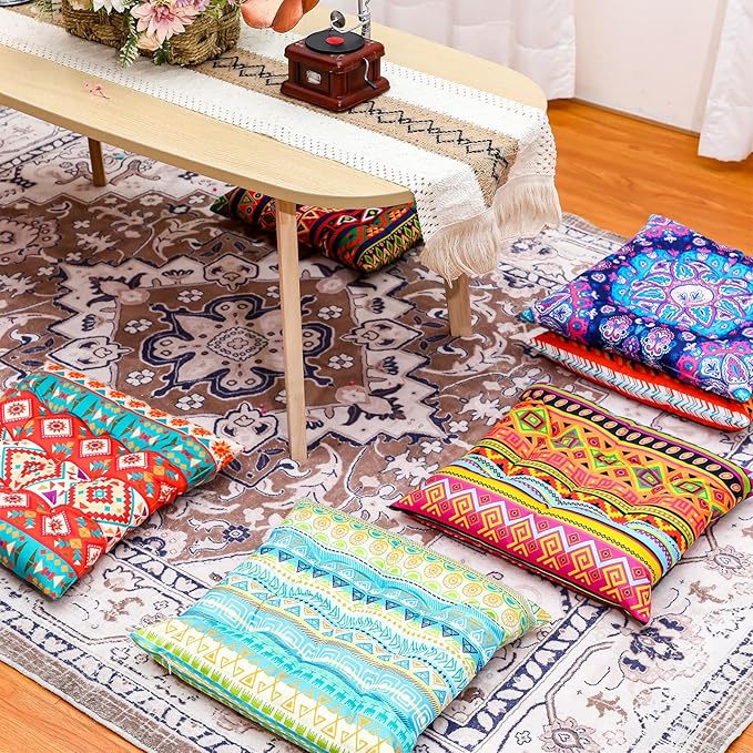Menkxi 6 Pcs Bohemian Floor Pillows Seating 15 Inch Boho Floor Cushions Sitting Pillows Square Yoga Mandala Meditation Pouf for Living Room Balcony Office Tatami(Stylish)
