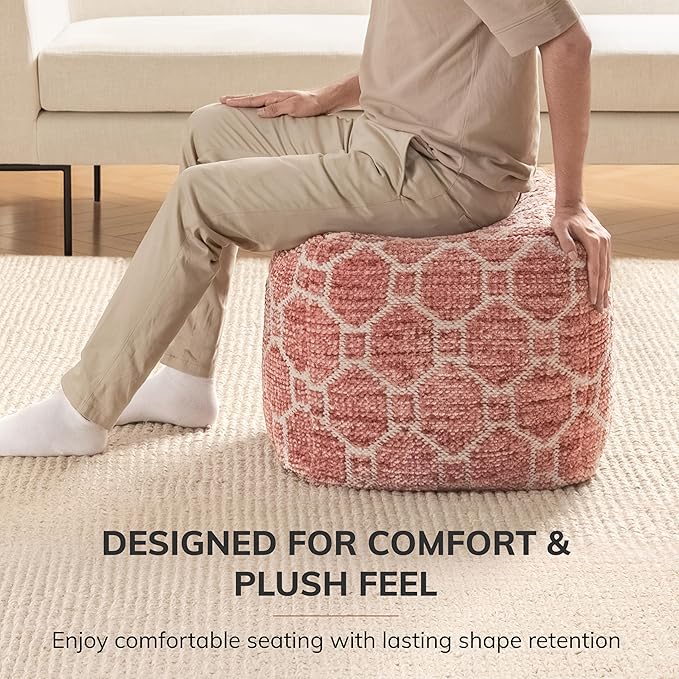 Anji Mountain Pouf Ottoman Foot Rest, Handmade Ottoman Pouf, Comfortable Foot Stool, Decorative Floor Seating for Living Room Decor, Bedroom & Home Décor Accent - Red
