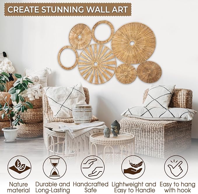Xavia Handicrafts Set of 7 Boho Wicker Rattan Plate Basket For Décor Hanging Wall | Large Woven Farmhouse Rustic Bohemian Art Baket Hangings For Decorative Home, Bedroom, Living Room, Kitchen, Bathroom