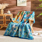 Boho Throw Blanket 100% Cotton Muslin Woven Blanket Bohemian Bed Throws Vintage Rustic Farmhouse Decor Reversible Bed Blanket Quilt for All Seasons（Blue 80"x90"）