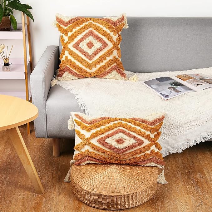 Merrycolor Boho Lumbar Throw Pillow Cover 12x20 inch,Bohemian Tufted Decorative Pillow Covers with Tassels for Couch Sofa Bedroom Living Room
