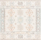 SAFAVIEH Micro-Loop Collection Area Rug - 6' Square, Ivory & Blue, Handmade Boho Rustic Wool, Ideal for High Traffic Areas in Living Room, Bedroom (MLP476M)