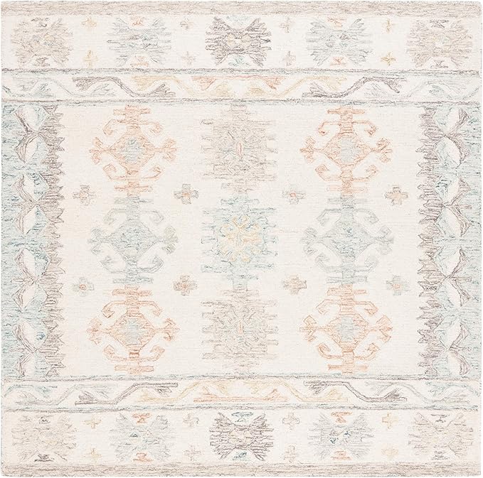 SAFAVIEH Micro-Loop Collection Area Rug - 6' Square, Ivory & Blue, Handmade Boho Rustic Wool, Ideal for High Traffic Areas in Living Room, Bedroom (MLP476M)