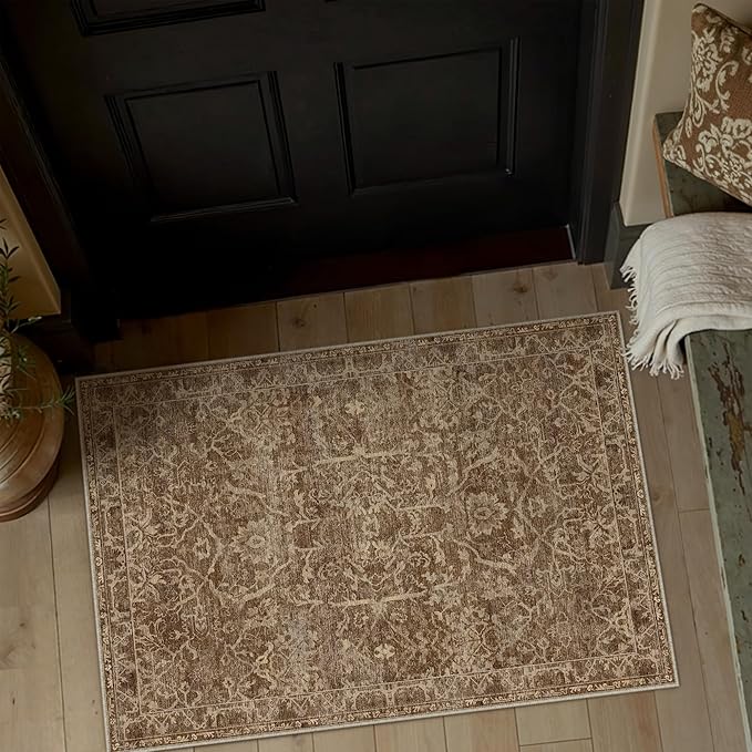 HUGEAR 2x3 Entryway Area Rug Brick Red Small Rug Machine Washable Door Mat Vintage Floral Low Pile Carpet Vacuumable Distressed Throw Rug Entrance Kitchen Bathroom Bedroom Non Slip Lightweight