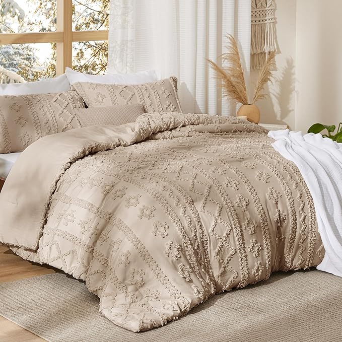 Bedsure Tufted Boho Comforter Set California King Size - Khaki Boho Bed Set, GentleSoft™ 3 Pieces Farmhouse Shabby Chic Embroidery Bedding, Gifts for Woman, Soft Jacquard Comforter for All Seasons