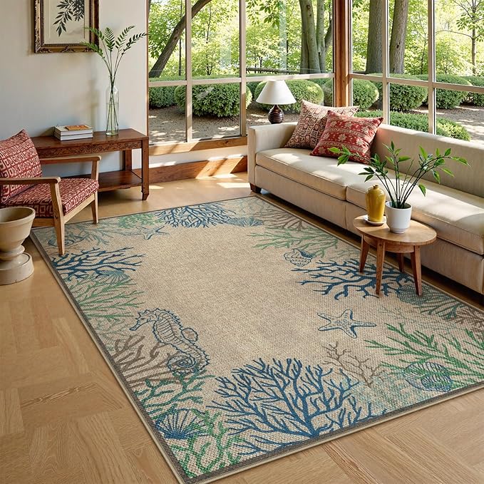 LIVEBOX Modern Easy Jute 5x7 Outdoor Rug, Washable Area Rugs for Living Room Patio Coastal Animal Indoor Outdoor Rug, Boho Farmhouse Non Slip Carpet for Backyard Foyer Dining Room(Olive, 5'x7')