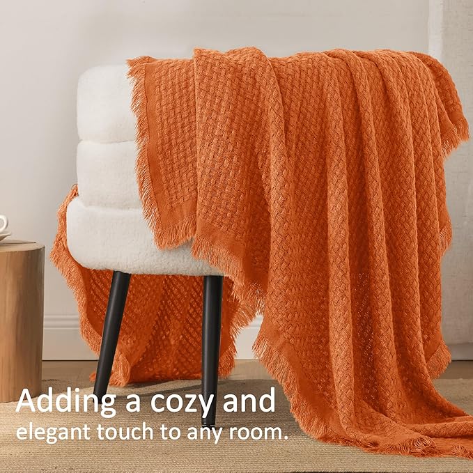 Exclusivo Mezcla Twin Size Knit Blanket with Fringes for Bed, Reversible Super Soft and Warm Woven Boho Throw for All Season, Home Decor, 60"x80", Burnt Orange