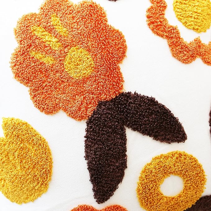Embroidered Throw Pillow Cover Boho Floral Pillow Covers for Couch Sofa Orange Yellow Cotton Linen Bohemian Pillow Covers 3D Big Flowers 2PCS Botanical Pillowcase Covers 18x18 Inch