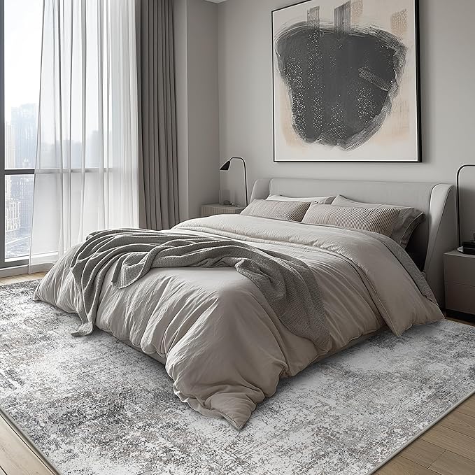 GENIMO Washable Area Rugs for Living Room, 8x10 Modern Non Slip Rugs, Low Pile Lightweight Soft Print Rug for Bedroom, Dining Room, Home Office, Grey