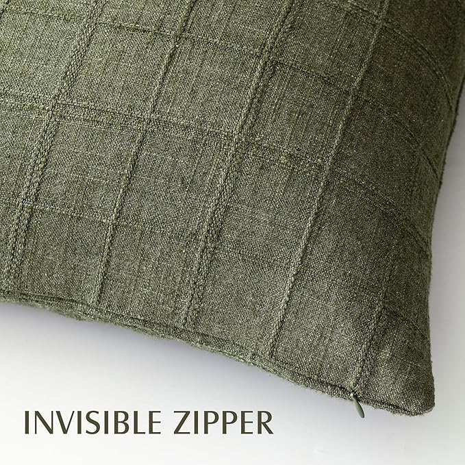 Foindtower Set of 2 Decorative Linen Check Throw Pillow Covers Neutral Farmhouse Vintage Cushion Covers Modern Boho Home Decor for Sofa Chair Couch Bedroom Living Room,26×26 Inch,Olive Green