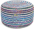 SIMPLIHOME Margo Round Pouf - 20 inch Wide Handwoven Jute and Cotton Braided Ottoman in Blue, Boho-Style Footstool or Extra Seating for Living Room or Bedroom with Polystyrene Bead Filling, Assembled