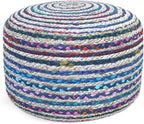 SIMPLIHOME Margo Round Pouf - 20 inch Wide Handwoven Jute and Cotton Braided Ottoman in Blue, Boho-Style Footstool or Extra Seating for Living Room or Bedroom with Polystyrene Bead Filling, Assembled