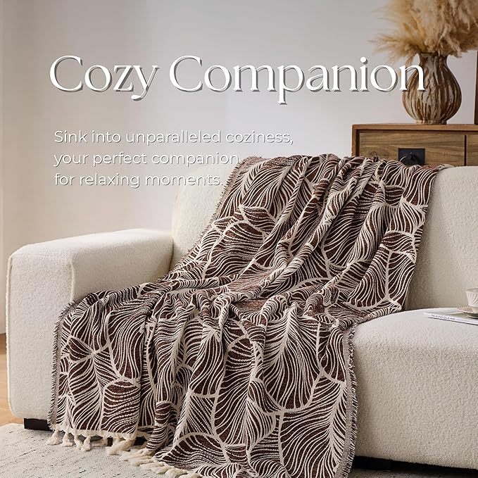 DOWN HOME Chenille Cotton Throw Blanket for Couch, Lightweight Boho Blanket for Bed Sofa Chair Living Room Outdoor Soft Woven Decorative Blanket with Tassel Gift Brown Leaves 60"x80"