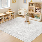 5x7 Area Rugs for Living Room: Washable Vintage Floral Rug Low Pile Non-Slip Boho Carpet for Nursery Bedroom Dining Room (Floral Grey, 5'x7')