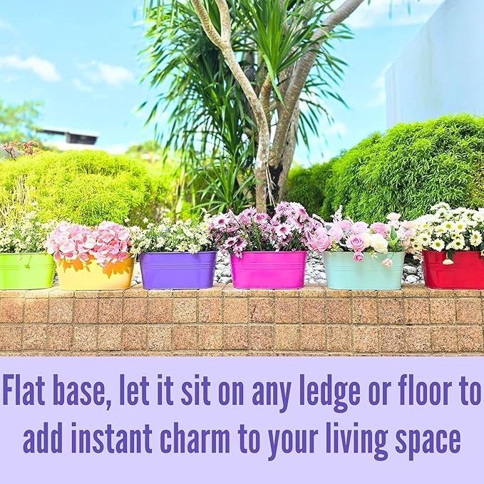 LaLaGreen Outdoor Hanging Planter (11.2 Inch, 6 Pack) Light Blue, Neon Pink, Dark Purple, Yellow, Red Metal Iron Window Box Flower Pot Deck Railings Fence Buckets Modern Boho Style Home Garden Decor