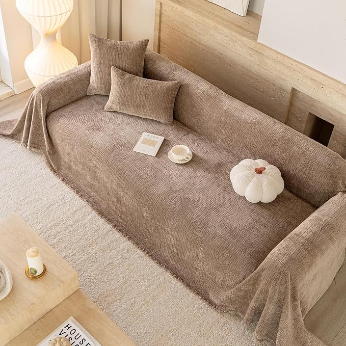 ROOMLIFE Sofa Cover, Boho Couch Cover for 3 Cushion Sofa, Non Slip Chenille Sofa Slipcovers for Dog, Washable Furniture Sofa Protector Cover with Tassel for Living Room, 71''X118”
