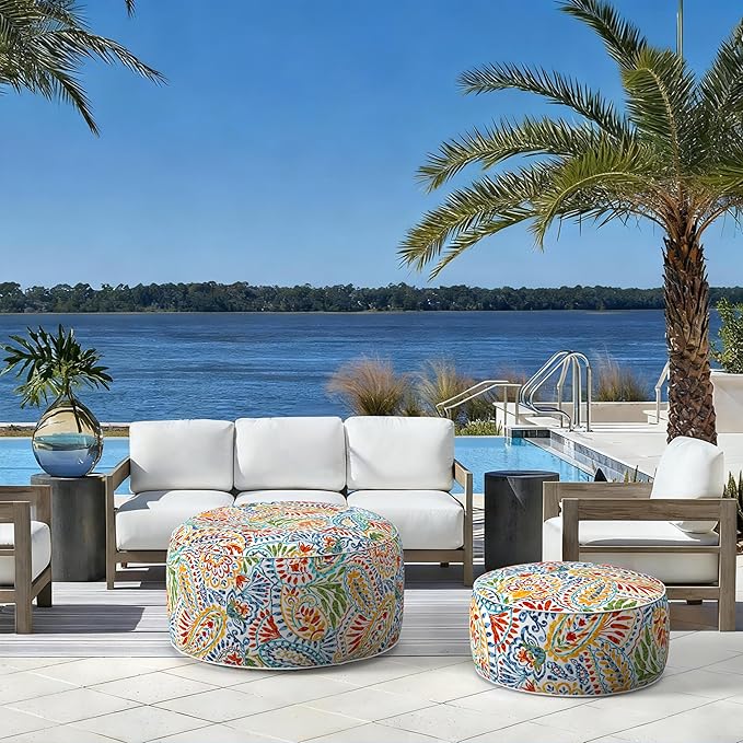 LVTXIII Indoor/Outdoor Extra Large Inflatable Ottoman Pouf D31 x H14 Inch, Round Footstool with Handle, Weather-Resistant Portable Furniture for Patio, Camping, Beach, Paisley Multi
